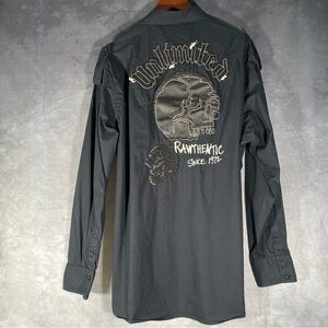 Ecko Unlimited Vintage EmbroideredSkull Button Down Shirt XXL Black Long Sleeve